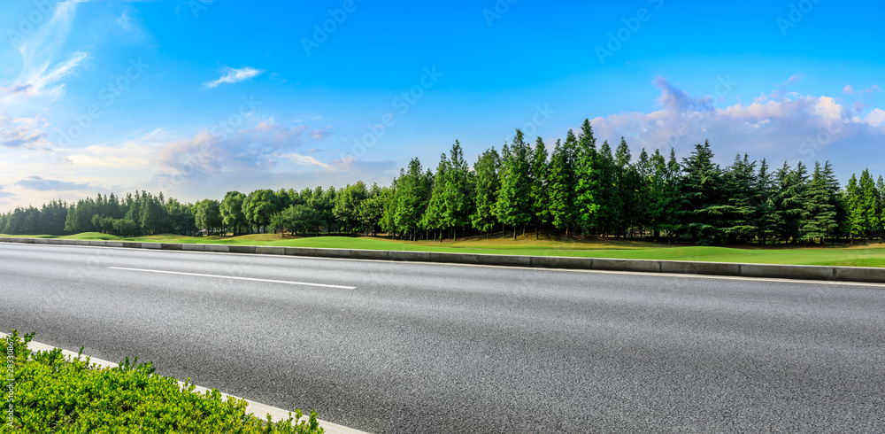 Country road and green woods nature landscape at sunset - obrazy, fototapety, plakaty 