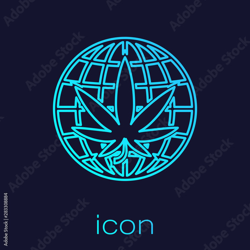 Turquoise line Legalize marijuana or cannabis globe symbol icon isolated on blue background. Hemp symbol. Vector Illustration
