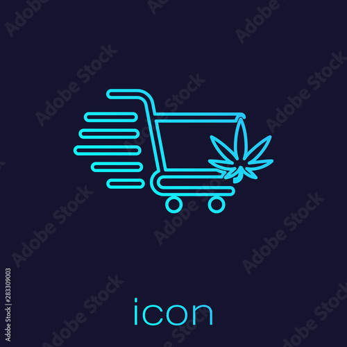Turquoise line Shopping cart with marijuana or cannabis leaf icon isolated on blue background. Online buying. Delivery service. Supermarket basket. Vector Illustration