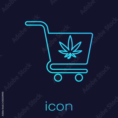 Turquoise line Shopping cart with marijuana or cannabis leaf icon isolated on blue background. Online buying. Delivery service. Supermarket basket. Vector Illustration