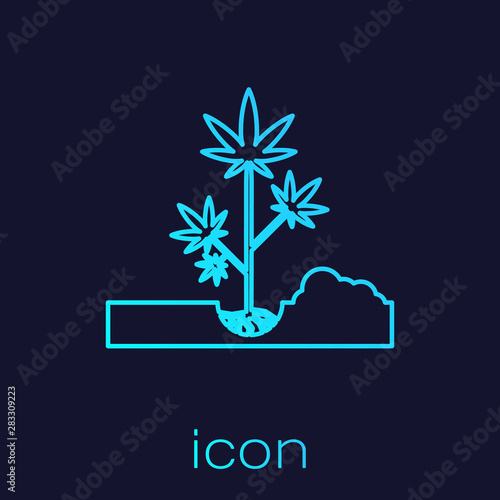 Turquoise line Planting marijuana or cannabis plant in the ground icon isolated on blue background. Marijuana growing concept. Hemp symbol. Vector Illustration