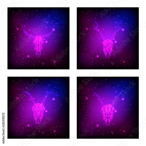 Vector set of four illustrations with hand drawn skulls antelopes and goats on purple and pink abstract background.