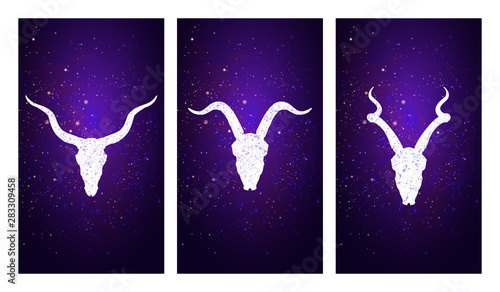 Vector set of three illustrations with silhouettes skulls antelopes and goat on purple starry sky background.