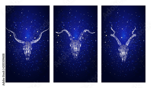 Vector set of three illustrations with silhouettes skulls antelopes and goat on blue starry sky background.
