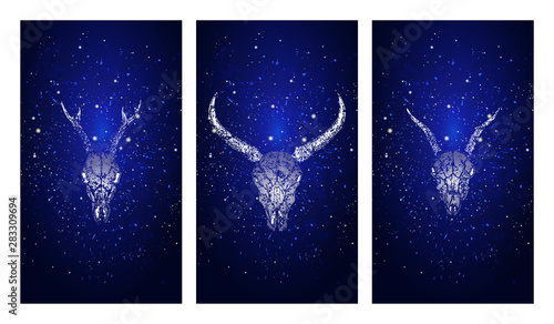 Vector set of three illustrations with silhouettes skulls roe deer, wild buffalo and goat on blue starry sky background.
