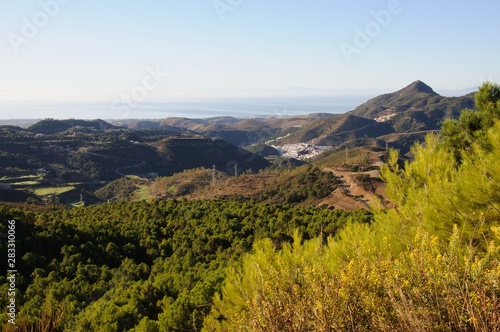 Elevated view across the mountains towards the Mediterranean sea, Puerto de Alijar, Andalusia, Spain.