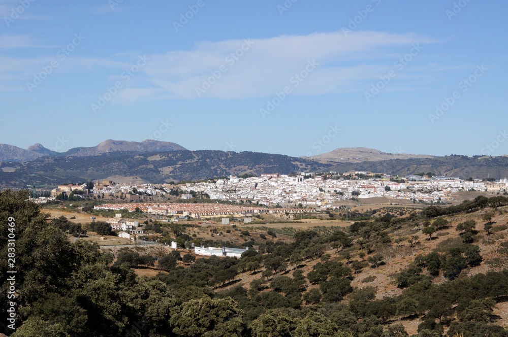 Elevated view of Ronda and surrounding countryside from the East, Ronda, Andalusia, Spain.