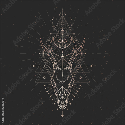 Vector illustration with hand drawn Roe deer skull and Sacred geometric symbol on black vintage background. Abstract mystic sign.