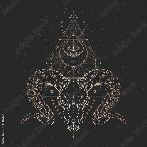 Vector illustration with hand drawn Wild ram skull and Sacred geometric symbol on black vintage background. Abstract mystic sign.