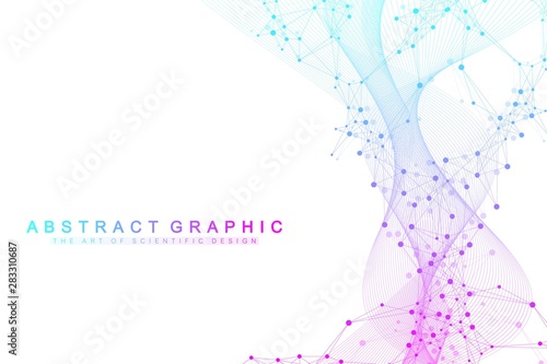 Scientific vector illustration genetic engineering and gene manipulation concept. DNA helix, DNA strand, molecule or atom, neurons. Abstract structure for Science or medical background. Wave flow