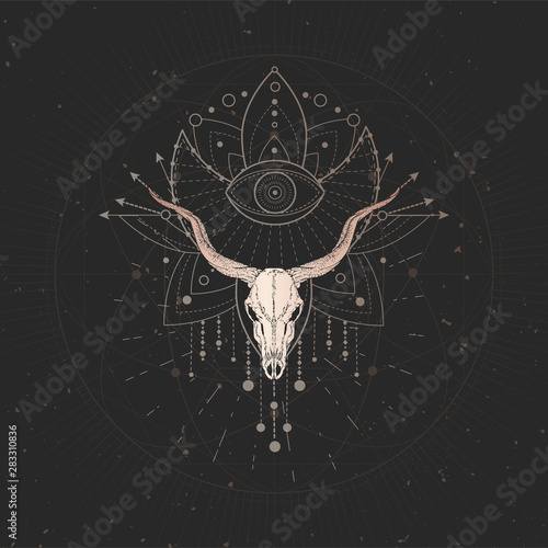 Vector illustration with hand drawn Antelope skull and Sacred geometric symbol on black vintage background. Abstract mystic sign.