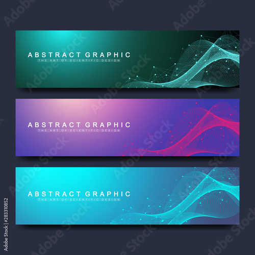 Abstract vector banners templates for web site. Scientific background genetic engineering and gene manipulation. Molecule structure or atom, DNA helix, DNA strand. Wave flow neurons