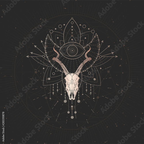 Vector illustration with hand drawn Antelope skull and Sacred geometric symbol on black vintage background. Abstract mystic sign.