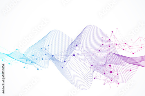 Expansion of life. Colorful explosion background with connected line and dots, wave flow. Visualization Quantum technology. Abstract graphic background explosion, motion burst, vector illustration.