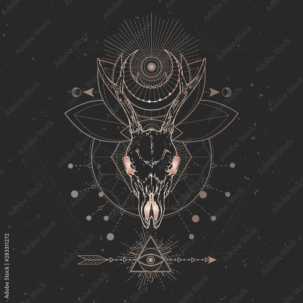 Obraz premium Vector illustration with hand drawn Roe deer skull and Sacred geometric symbol on black vintage background.
