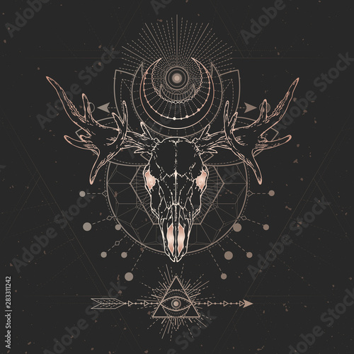 Vector illustration with hand drawn Elk skull and Sacred geometric symbol on black vintage background. Abstract mystic sign.