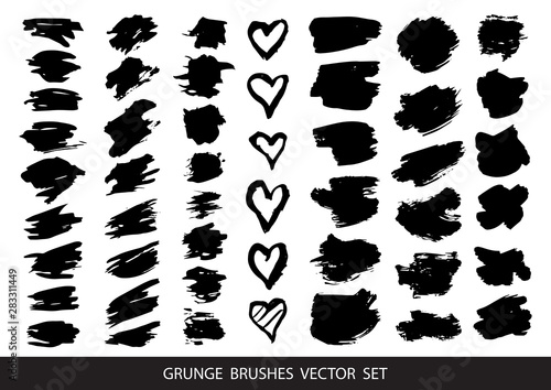 Set of black paint, ink brush strokes, brushes, lines. Dirty artistic design elements, boxes, frames for text. Vector illustration.