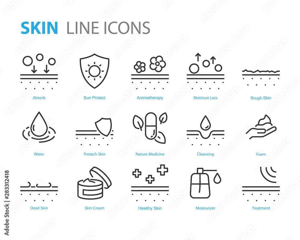 set of skin icons, aloe vera, uv protect, moisturizing, lotion