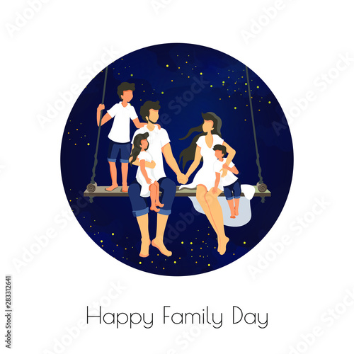 Cute postcard design for Family Day.  Mother, father, two sons and daughter sitting on a swing against the background of the starry sky. Perfect for card, poster, flyer, banner