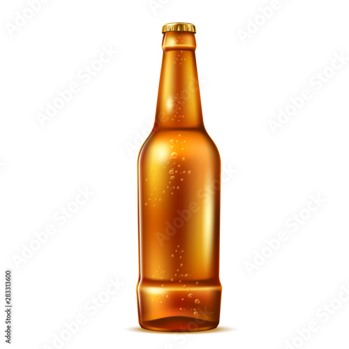 Realistic beer bottle with golden bubbles. Vector lager beer blank bottle for alcohol product advertising design. Fresh pub drink without label.