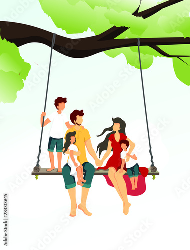 Young family consisting of mother, father, two sons and daughter sitting on a swing in nature. Vector illustration can be used in poster, banner, flyer, brochure, cover, postcard.