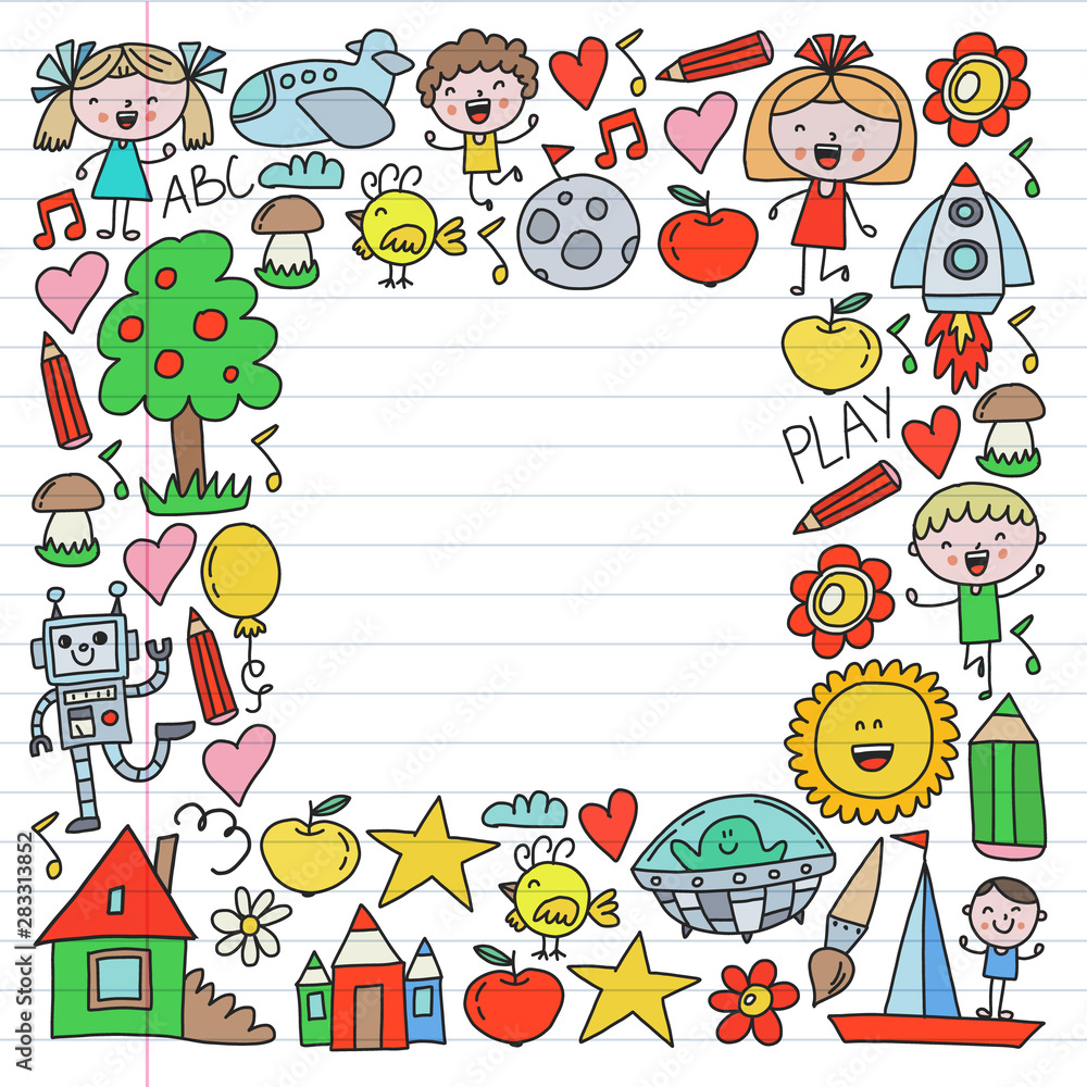 Fototapeta premium Time to adventure. Imagination creativity small children play nursery kindergarten preschool school kids drawing doodle icons pattern, play, study, learn with happy boys and girls Let's explore space