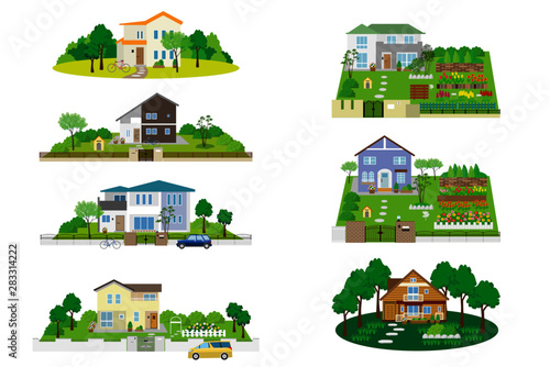 日本の庭付き住宅のセット