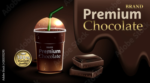 Chocolate in a clear plastic cup and green straw with chocolate and  dark brown color