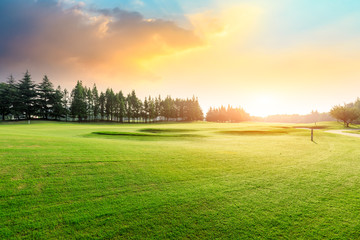 Green grass and forest with beautiful clouds at sunset