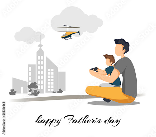 Cute postcard design for Father's Day. Father and son playing with radio controlled helicopter. Friendly family, father's Day, childhood and fatherhood concept. Perfect for card, poster, flyer, banner