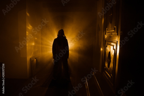Horror silhouette of ghost inside dark room with mirror Scary halloween concept Silhouette of witch inside haunted house with fog and light on background. photo