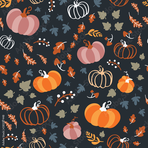 Seamless pattern for thanksgiving celebration. Vector of hand drawn illustration with ripe pumpkin with falling leaves.