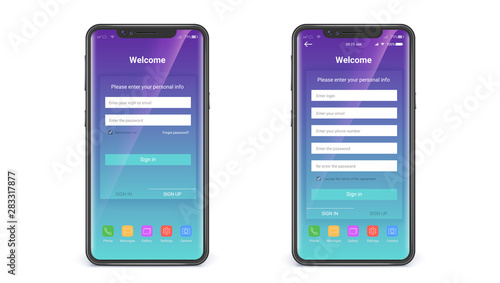 UI design, registration and enter page. Screen of modern apps. Concept of touch screen smartphone isolated on white background. Mobile phone wireless communication. Vector 3d illustration