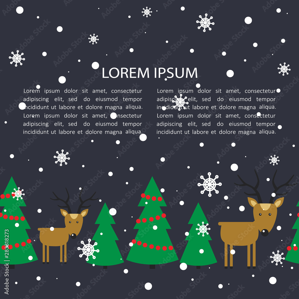 Colorful background with deers, fir trees, snow and place for text. Decorative cute backdrop vector. Hand drawn poster design, animals. Happy New Year, festal greeting card. Winter time, reindeers Colorful background with deers, fir trees, snow and place for text. Decorative cute backdrop vector. Hand drawn poster design, animals. Happy New Year, festal greeting card. Winter time, reindeers
