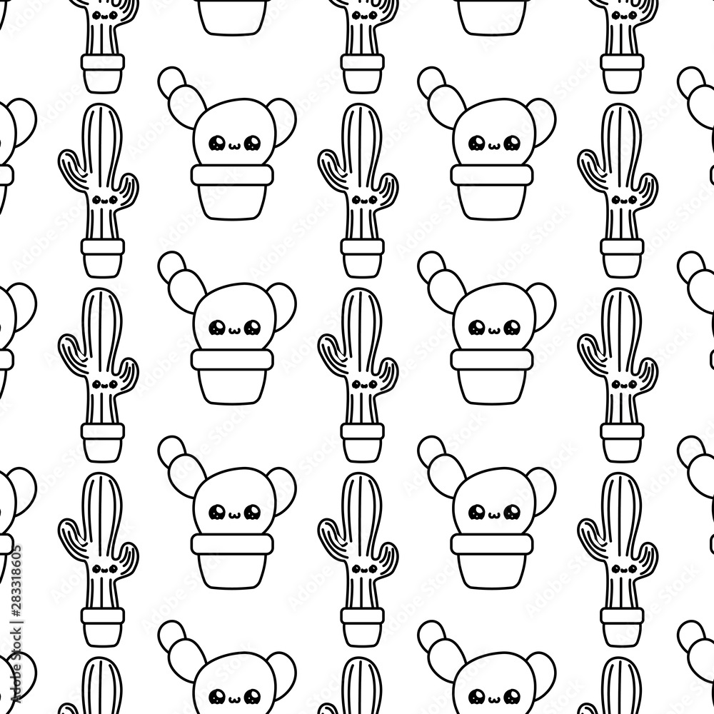 pattern of cactus tropicals with pot plants kawaii style