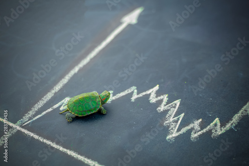 Принти на полотні Slow but stable investment or low fluctuate stock market concept, miniature figure turtle or tortoise walking on chalkboard with drawing price line graph of stock market value