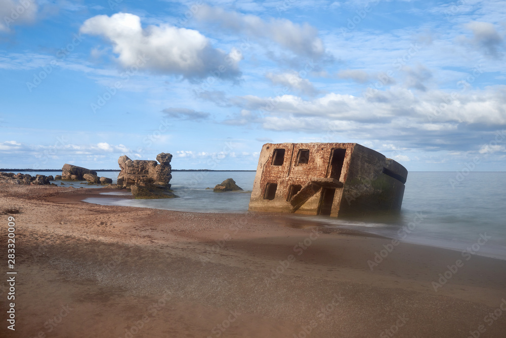 Bunker ruins near the Baltic Sea beach, part of the old fortress in the former Soviet Union base 