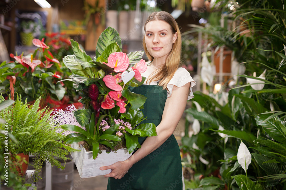 Female seller wearing an apron and happily standing among flowers in floral shop