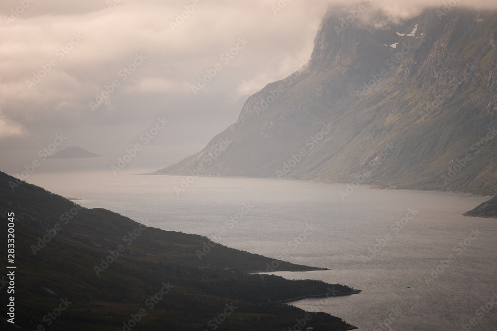 Fjord landscape in Norway with mountains and sea