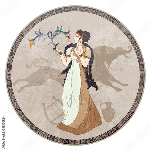 Minoan civilization. Ancient Greece frescos. Goddess and bull. Crete history. Heraklion. Knossos murals mythology