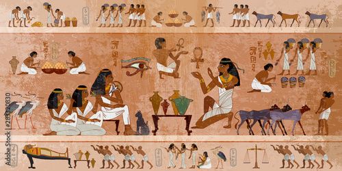 Ancient Egypt frescoes. Life of egyptians. Agriculture, workmanship, fishery, farm. Hieroglyphic carvings on  exterior walls of an ancient temple
