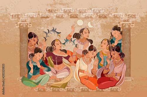 Beautiful indian girls in harem. Culture of India. East murals. Women in national ethnic clothes. Arabic frescos. Fashion islamic princesses