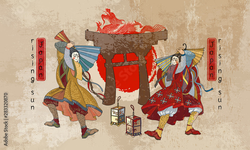 Japanese samurai and red sun. Ancient illustration. Medieval Japan background. Classical engraving art. Bushido culture