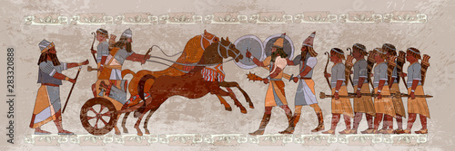 Ancient Sumerian culture. Battle scene. King on chariot. Historical warriors. Akkadian Empire. Mesopotamia. Middle East history civilization art