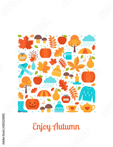 Autumn greeting card. Vector. Creative postcard with autumn elements in square shape. Template in flat design on white background. Fall leaves decoration poster. Cartoon illustration