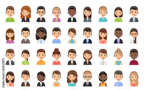 Call center customer operator avatar. Vector. Service agent representative icon in headset. Flat design. Support manager in headphone. Cartoon illustration. Face isolated on white. Online contact help