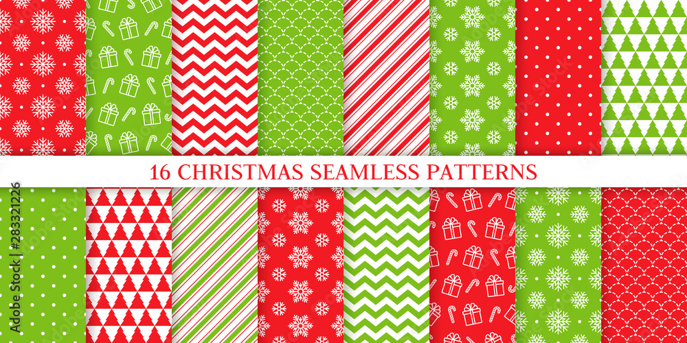 Christmas seamless pattern. Xmas, New year background. Vector. Endless texture with present, snowflake, candy cane stripe, polka dot, tree. Print for wrapping paper web textile. Red green illustration Christmas seamless pattern. Xmas, New year background. Vector. Endless texture with present, snowflake, candy cane stripe, polka dot, tree. Print for wrapping paper web textile. Red green illustration