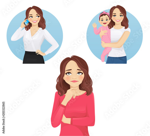 Cute thinking choosing woman looking up. Business occupation or motherhood vector illustration