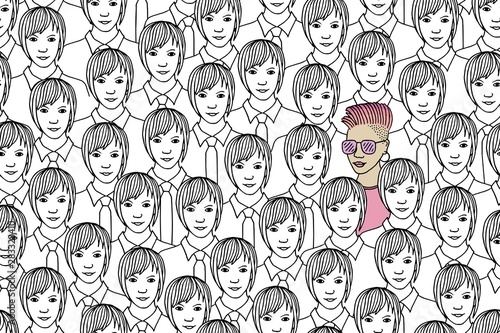 Illustration of a girl standing out from a crowd of identical women