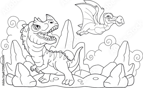 cartoon funny prehistoric dinosaurs, coloring book, funny illustration